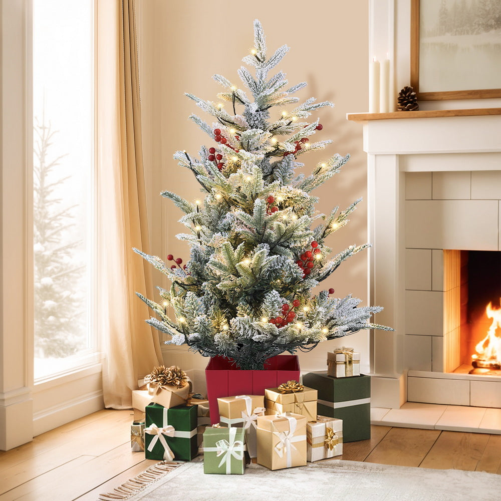 1m LED Potted Artificial Christmas Tree with Red Berries & Snow Flocked