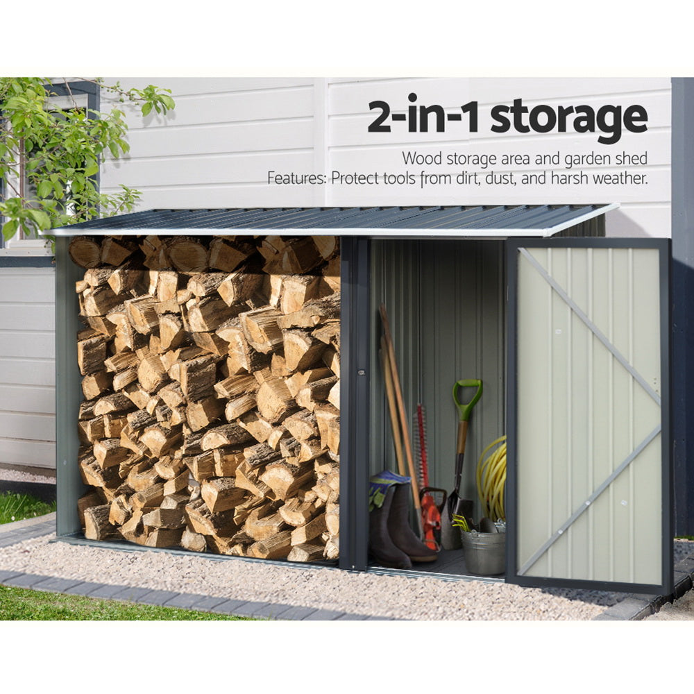 2 in 1 wood timber storage and for tools bikes and garden supplies. Garden shed for tools and timber storage for winter. Perfect for Backyard, farm or workplace.