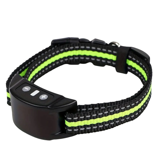 Fluorescent green and black dog collar with electronic device on a white background