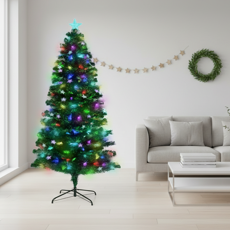 1.5m Enchanted Pre Lit Fibre Optic Christmas Tree Stars Xmas Decor