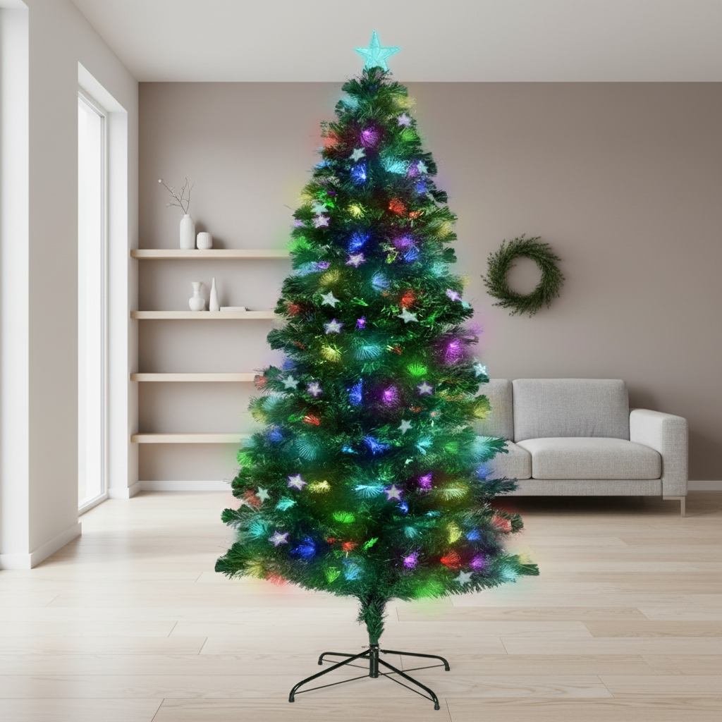 1.8m Enchanted Pre Lit Fibre Optic Christmas Tree Stars Xmas Decor