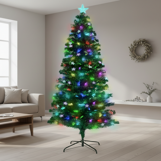 2.4m Enchanted Pre Lit Fibre Optic Christmas Tree Stars Xmas Decor