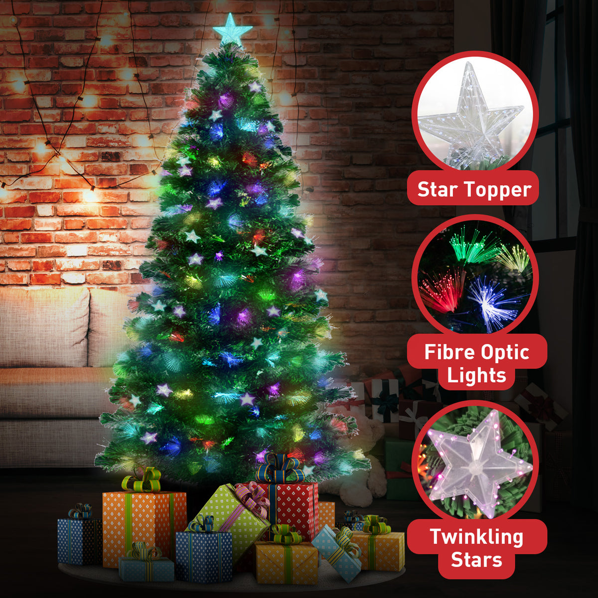 2.4m Enchanted Pre Lit Fibre Optic Christmas Tree Stars Xmas Decor
