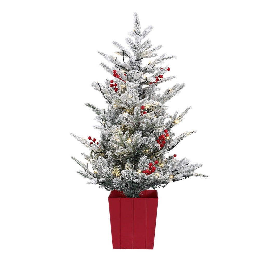 1m LED Potted Artificial Christmas Tree with Red Berries & Snow Flocked