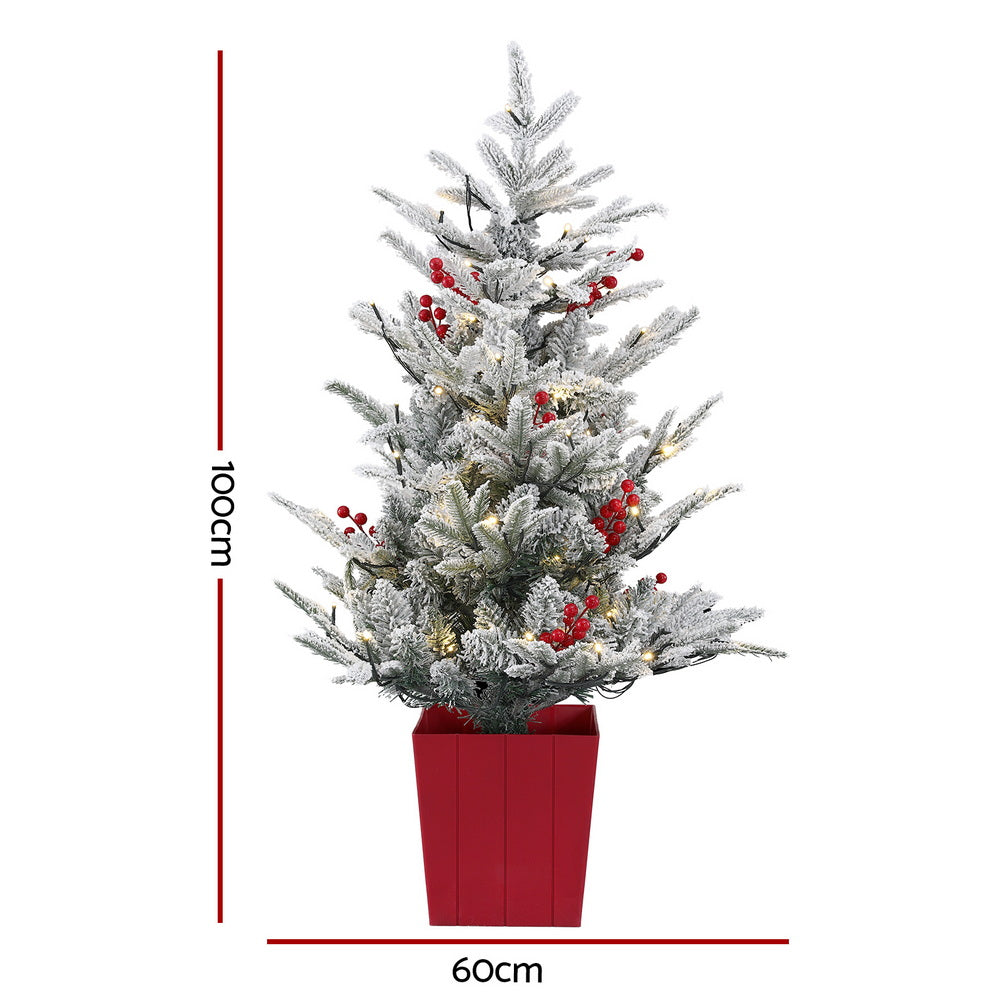 1m LED Potted Artificial Christmas Tree with Red Berries & Snow Flocked