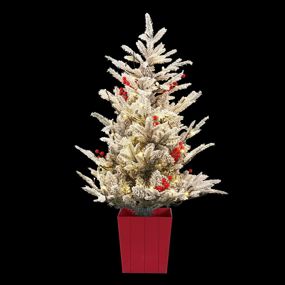 1m LED Potted Artificial Christmas Tree with Red Berries & Snow Flocked