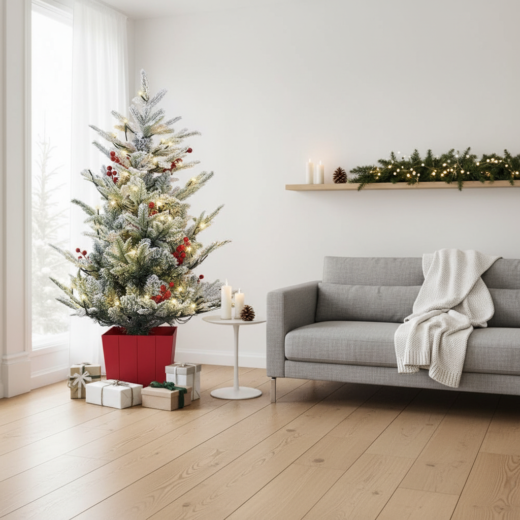 1m LED Potted Artificial Christmas Tree with Red Berries & Snow Flocked