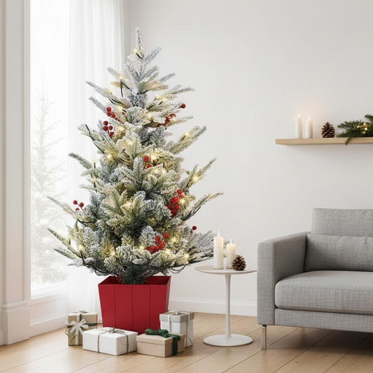 1m LED Potted Artificial Christmas Tree with Red Berries & Snow Flocked