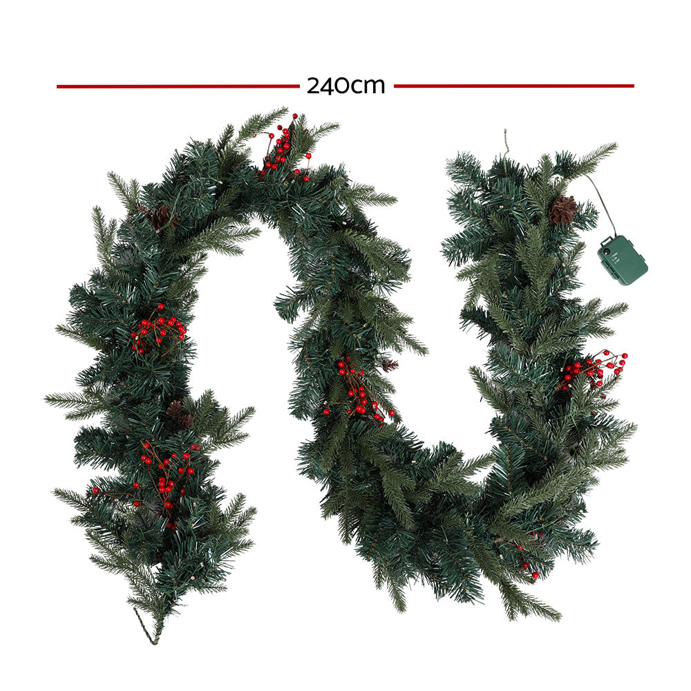 2.4m Green Christmas Garland with Warm White LED Lights