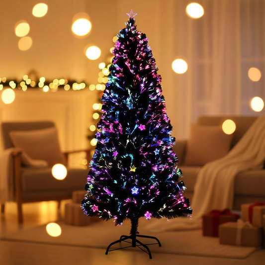 Colorful fiber optic Christmas tree against a black background