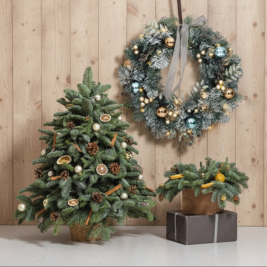 Decorative Christmas tree, wreath, and topiary with ornaments on a white background.