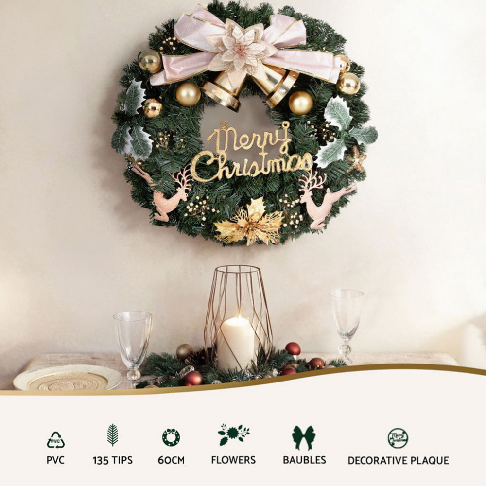 60cm Christmas Wreath with Flowers & Baubles for Door & Wall Décor